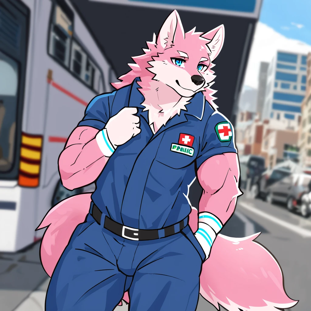 canine, wolf, anthro, biped, kemono, ((pink_body)), ((pink_fur)), black_nose, ((detailed_eyes)), blue_eyes, male, fingers, fluffy, fluffy_tail, fur, paramedic_gear, paramedic, thick_clothes, fully_clothed, medkit, muscular, muscular_anthro, muscular_male, street_background, solo, full_body, tail, tuft, 2020, digital_media_(artwork), hi_res, masterpiece