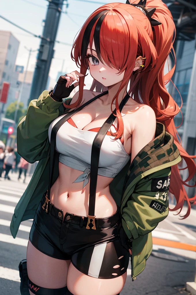 masterpiece, best quality, highres, hmlain, long hair, ponytail, streaked hair, hair over one eye, ear piercing, large breasts, cleavage, tube top, pouch, off shoulder, green jacket, open jacket, long sleeves, fingerless gloves, midriff, suspender shorts, black shorts, thigh strap, black thighhighs, cowboy shot, standing, street,(((Gyaru)))