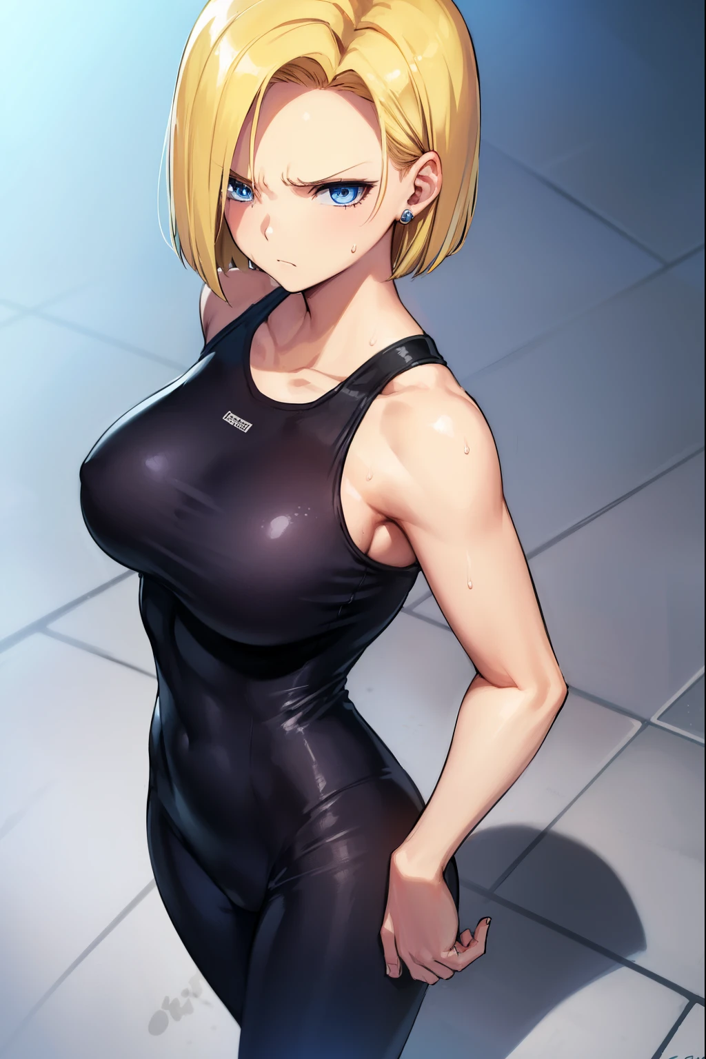 highest quality, High resolution, AND18, 1 girl, android 18, alone, golden hair, blue eyes, short hair,earrings,big breasts, frown,troubled face, Sweat,1 girl, Black tight suit, streak,looking at the viewer,