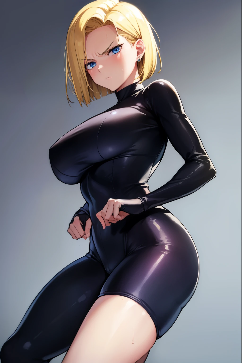 highest quality, High resolution, AND18, 1 girl, android 18, alone, golden hair, blue eyes, short hair,earrings,big breasts, frown,troubled face, Sweat,1 girl, Black tight suit, streak,looking at the viewer,