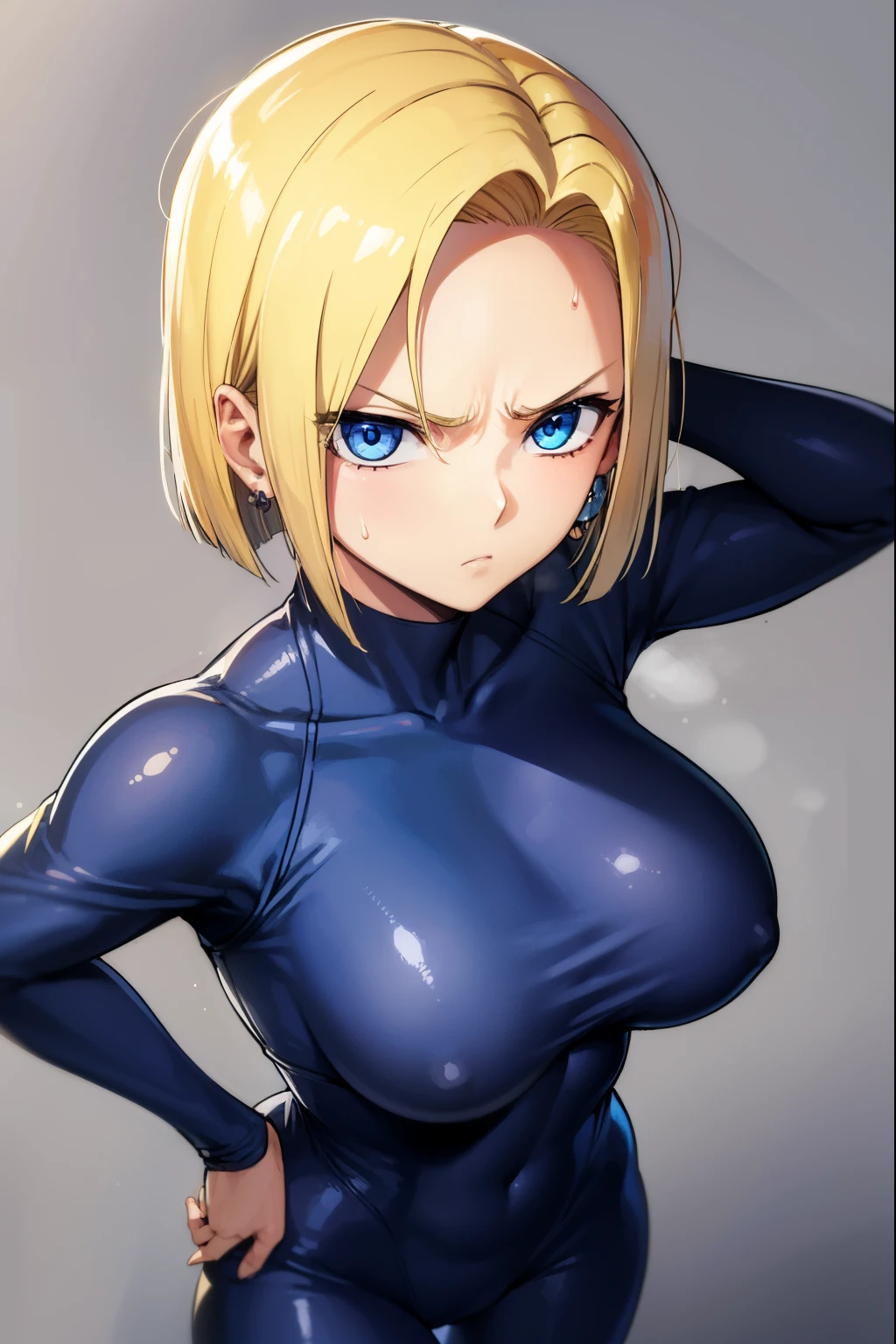 highest quality, High resolution, AND18, 1 girl, android 18, alone, golden hair, blue eyes, short hair,earrings,big breasts, frown,troubled face, Sweat,1 girl, Black tight suit, streak,looking at the viewer,