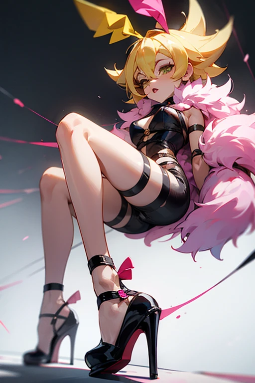 Chica bondage, pitch black heels, pink fur, 