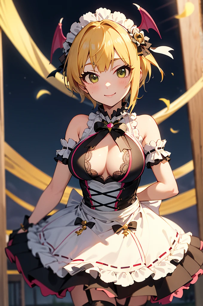 masterpiece, best quality, highres, hmfre, blonde hair, head wings, hair ornament, maid headdress, bow, bare shoulders, maid, cleavage cutout, black gloves, apron, garter straps, black thighhighs, idolmaster cinderella girls, smile, standing, cowboy shot, arms at sides, straight-on, outdoors