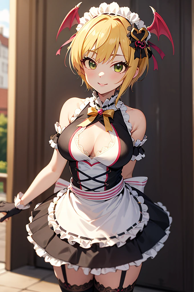 masterpiece, best quality, highres, hmfre, blonde hair, head wings, hair ornament, maid headdress, bow, bare shoulders, maid, cleavage cutout, black gloves, apron, garter straps, black thighhighs, idolmaster cinderella girls, smile, standing, cowboy shot, arms at sides, straight-on, outdoors