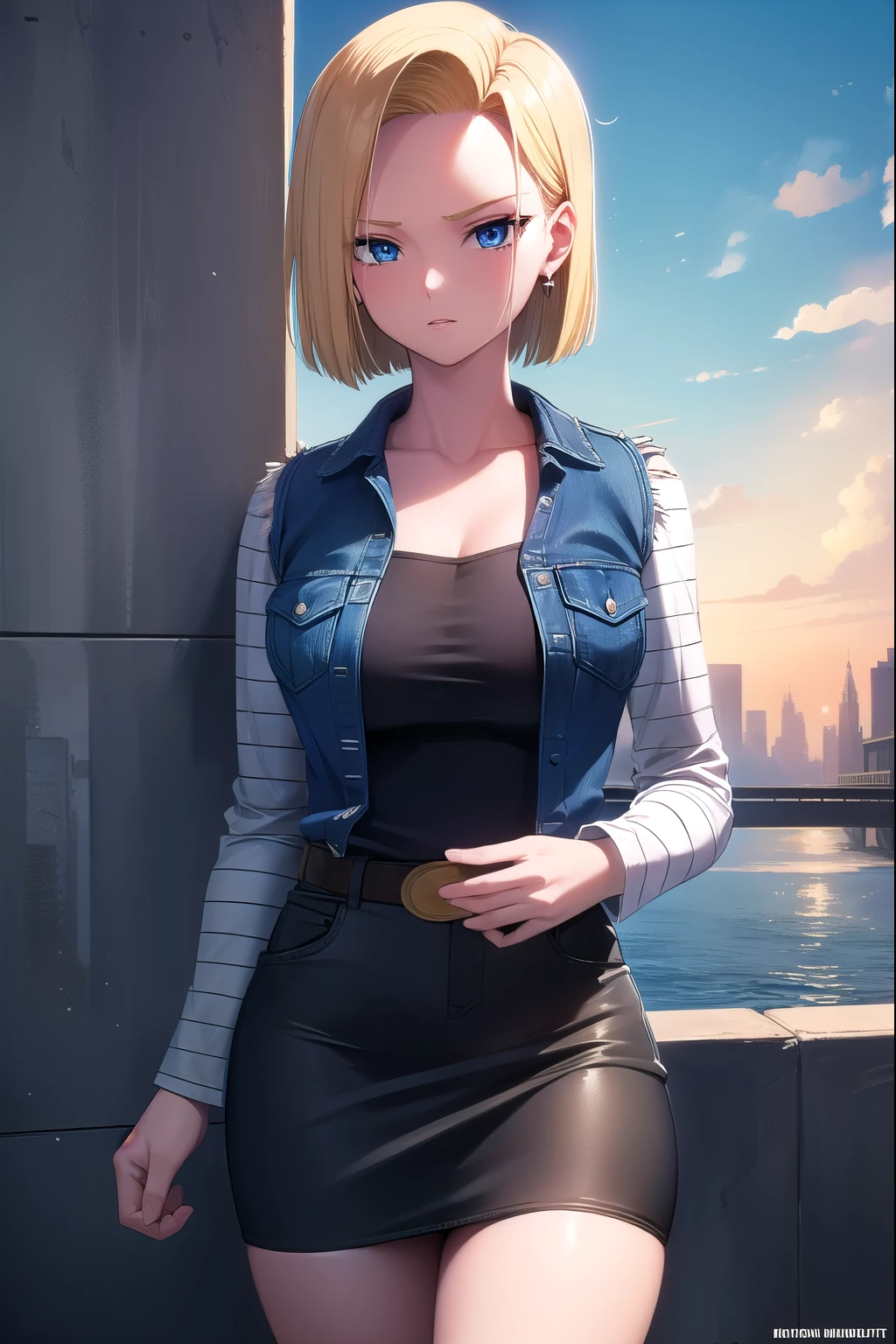 android18, android 18, blonde hair, blue eyes, eyelashes, hoop earrings, short hair, earrings,
BREAK belt, black legwear, black shirt, breast pocket, cleavage, collarbone, denim, denim skirt, high-waist skirt, jewelry, long sleeves, pocket, shirt, shirt tucked in, skirt, striped, striped sleeves, waistcoat,,
BREAK outdoors, city, sky, cloud, sun,
BREAK looking at viewer, (cowboy shot:1.5),
BREAK (masterpiece:1.2), best quality, high resolution, unity 8k wallpaper, (illustration:0.8), (beautiful detailed eyes:1.6), extremely detailed face, perfect lighting, extremely detailed CG, (perfect hands, perfect anatomy),