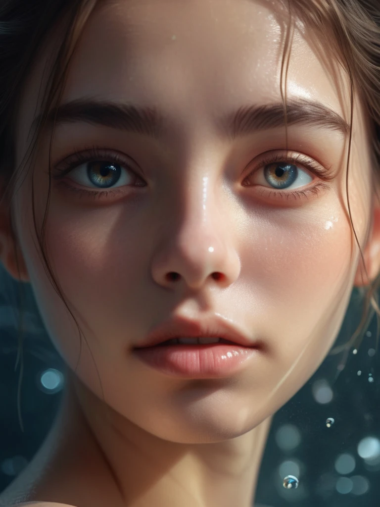 a girl floating on water, beautiful detailed eyes, beautiful detailed lips, extremely detailed face and skin, long eyelashes, wavy wet hair, serene expression, ethereal, soft lighting, pastel colors, (best quality,4k,8k,highres,masterpiece:1.2),ultra-detailed,(realistic,photorealistic,photo-realistic:1.37),digital painting,concept art,natural lighting,moody atmosphere,dramatic lighting,cinematic