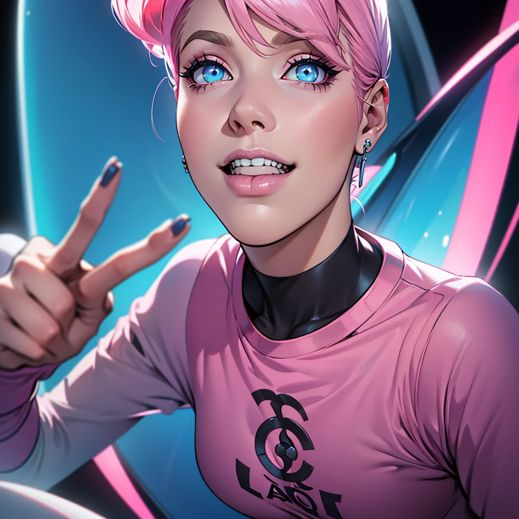 futuristic clothing, cabelo rosa chanel, blue colored eyes, pale skin, demon, claws, bangss, gothic art, full body shot shot, elegant pose, ssmile, Romanticism, work of art, anatomically correcte, high qualiy, super detaill, best qualityer, 4K, 8k, Perfect Woman, the most beautiful woman, her face has to be symmetrical and beautiful, baby pink hair, best qualityer final, beautfull woman, speech bubble, Galaxy,60s,70s,80s,colorfully,cosmo,space, VERY DETAILED EAR FLARERS, pink chanel hair, wear t-shirt written karry66