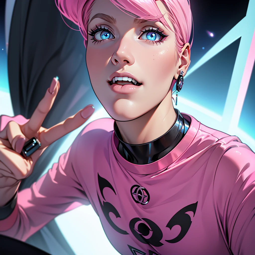 futuristic clothing, cabelo rosa chanel, blue colored eyes, pale skin, demon, claws, bangss, gothic art, full body shot shot, elegant pose, ssmile, Romanticism, work of art, anatomically correcte, high qualiy, super detaill, best qualityer, 4K, 8k, Perfect Woman, the most beautiful woman, her face has to be symmetrical and beautiful, baby pink hair, best qualityer final, beautfull woman, speech bubble, Galaxy,60s,70s,80s,colorfully,cosmo,space, VERY DETAILED EAR FLARERS, pink chanel hair, wear t-shirt written karry66