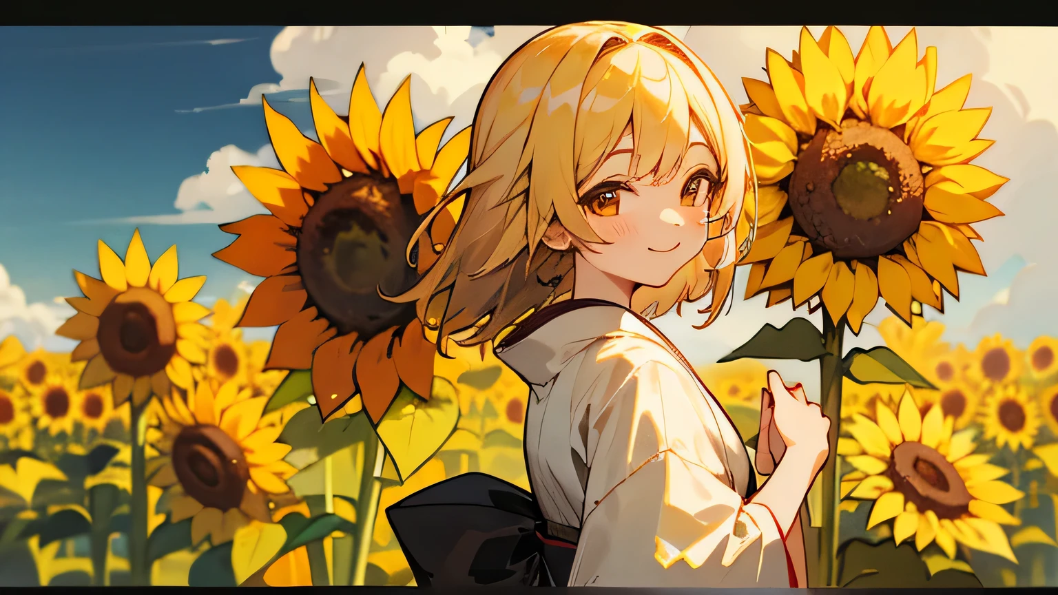 summer, sunflowers, kimono, smile, Japanese Girl