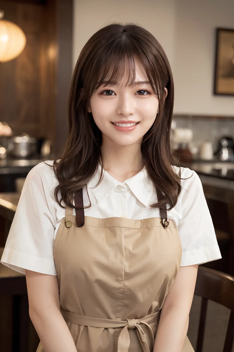 (Highest quality、Tabletop、8k、Best image quality、Award-winning works)、Woman working in a café、The perfect brown apron、A classy shirt and apron、Big Breasts、(Accentuate your body lines:1.1)、Beautiful woman portrait、The most elegant and cozy cafe、The most natural cafe, Perfectly organized、The most atmospheric and warm lighting、Stylish and elegant cafe、Strongly blurred background、Look at me and smile、Accurate anatomy、Ultra high resolution perfect beautiful teeth、Ultra-high definition beauty face、Ultra HD Hair、Ultra HD The Shining Eyes、The Shining, Super high quality beautiful skin、Super high quality glossy lip