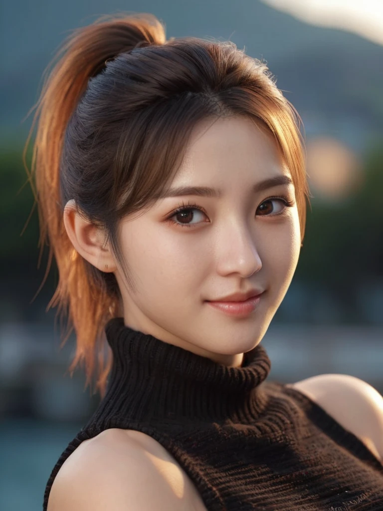 best quality, Ultra-High-Definition, (photorealestic:1.4),Sunset light, pony tail, Korean women, detailed photograph, smiling, sexly, black shirt, looking at the camera, close up shot (​masterpiece: 1.3), (8k, photorealestic, best quality: 1.4), (1 girl), pretty face, (realistic face), (black hair, shorth hair: 1.3), Nice haircut, realistic eyes, Beautiful detailed eyes, (realistic skin), Nice skin, (pullover), absurdes, attractive, ultra high resolution, ultra realist, High Resolution, golden ratio