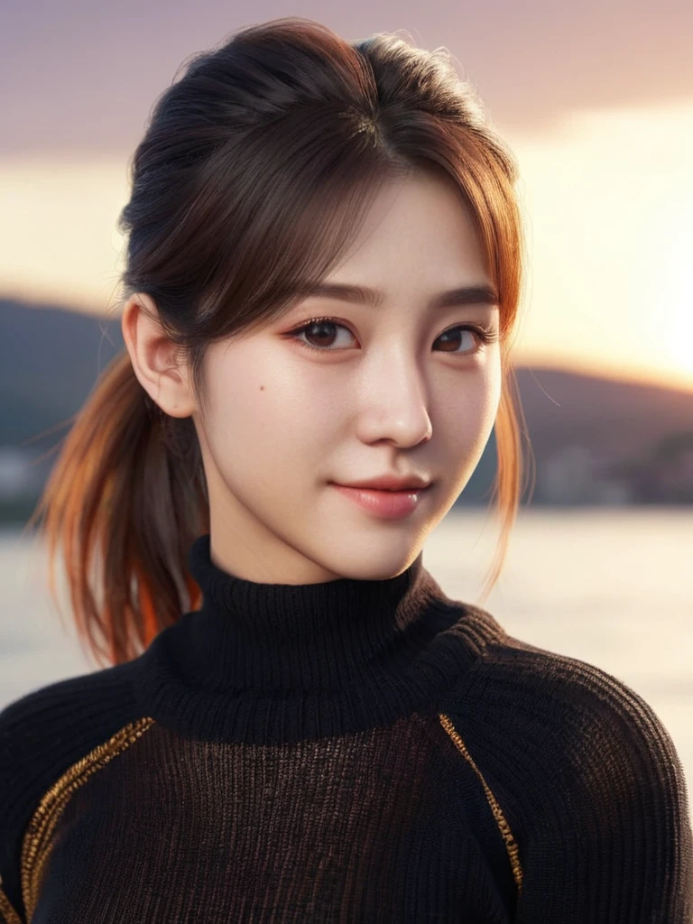 best quality, Ultra-High-Definition, (photorealestic:1.4),Sunset light, pony tail, Korean women, detailed photograph, smiling, sexly, black shirt, looking at the camera, close up shot (masterpiece: 1.3), (8k, photorealestic, best quality: 1.4), (1 girl), pretty face, (realistic face), (black hair, shorth hair: 1.3), Nice haircut, realistic eyes, Beautiful detailed eyes, (realistic skin), Nice skin, (pullover), absurdes, attractive, ultra high resolution, ultra realist, High Resolution, golden ratio