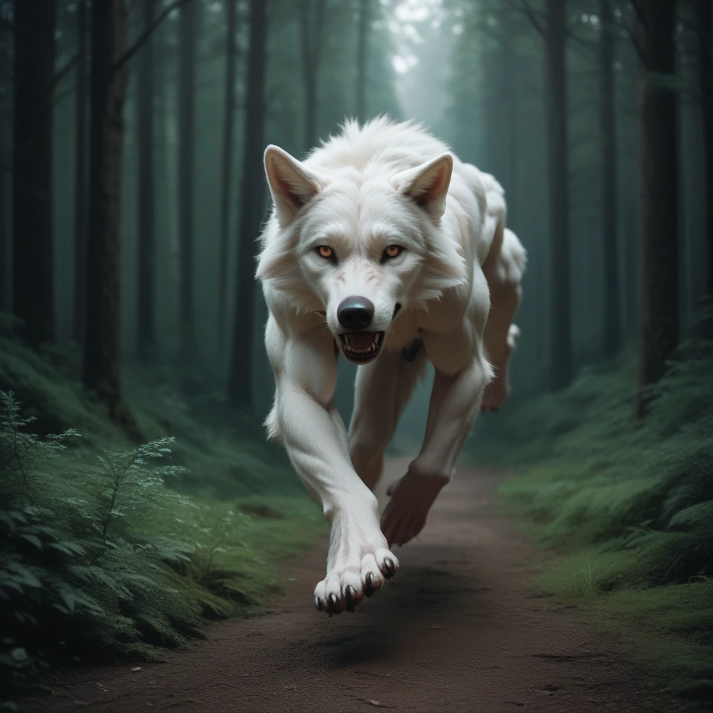 sequence of images of a giant white wolf in a dark forest running and from time to time standing like a two-footed human, full hd 16k