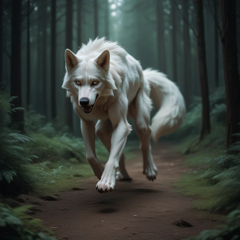 sequence of images of a giant white wolf in a dark forest running and from time to time standing like a two-footed human, full hd 16k