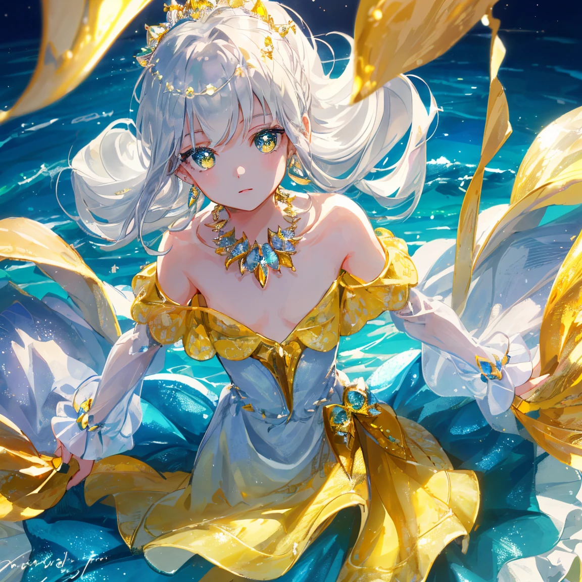 1 girl masterpiece, highest quality, shape, yellow sapphire eyes and hair, platinum earrings, platinum necklace, Sea, The Little Mermaid, cute, (dynamic lighting:1.2), cinematic lighting, delicate features, fine eyes, sharp pupils, realistic student, written boundary depth, Bokeh, sharp focus, (very detailed, bloom, shine:1.4), lots of little gems