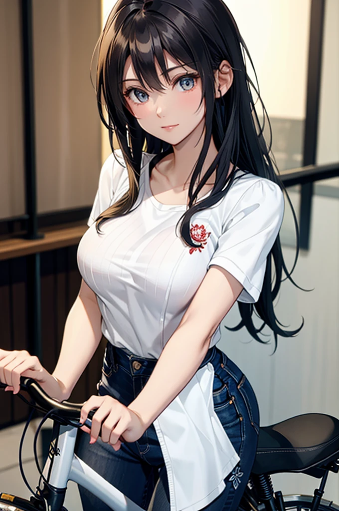 A beautiful girl wearing a short white embroidered shirt.And skinny jeans .You ride a bicycle with a clear, high-quality image