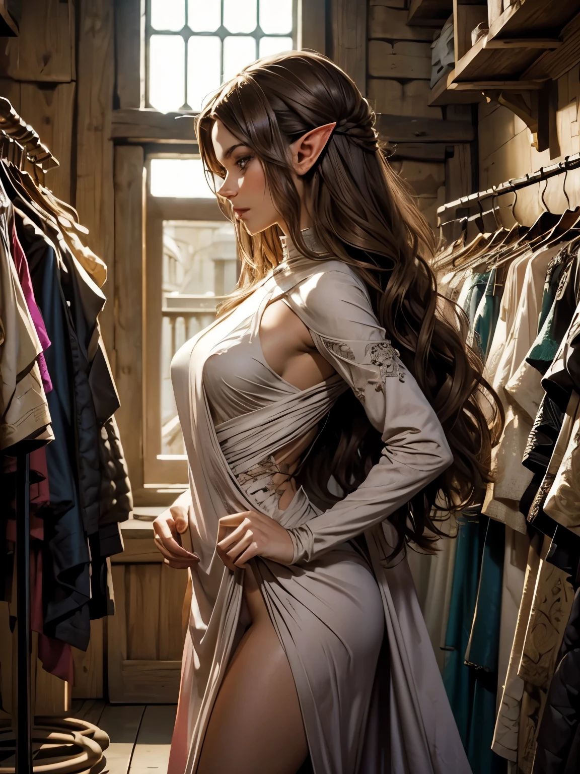 ((Medieval fantasy setting)). score_9, score_8_up, score_7_up, score_6_up, Echo, a 22-year-old half-elf. She has light brown skin, thick light chestnut hair with caramel highlights and soft waves, and brown eyes with green hues. Her face is oval with soft features and pronounced cheekbones. She has full, attractive lips with a natural blush. A slight scar over her right eyebrow. Her ears are small like a human's but pointed like an elf's. Her physique is athletic, toned, slim, and flexible, with rounded, firm curves. ((Eho completely naked)).
Pose: ((naked Echo standing)), (holding a purple dress in her hands). Her hands lift the dress, putting it over her head. Her body is slightly bent forward.
Camera: Side view, at an angle, to show her movements and details of the fitting.
Background: The Fashion boutique with bright clothes and fabrics hanging on the walls and mannequins.
Tags: naked body, side view, Tailor's Fashion boutique, dress in hand