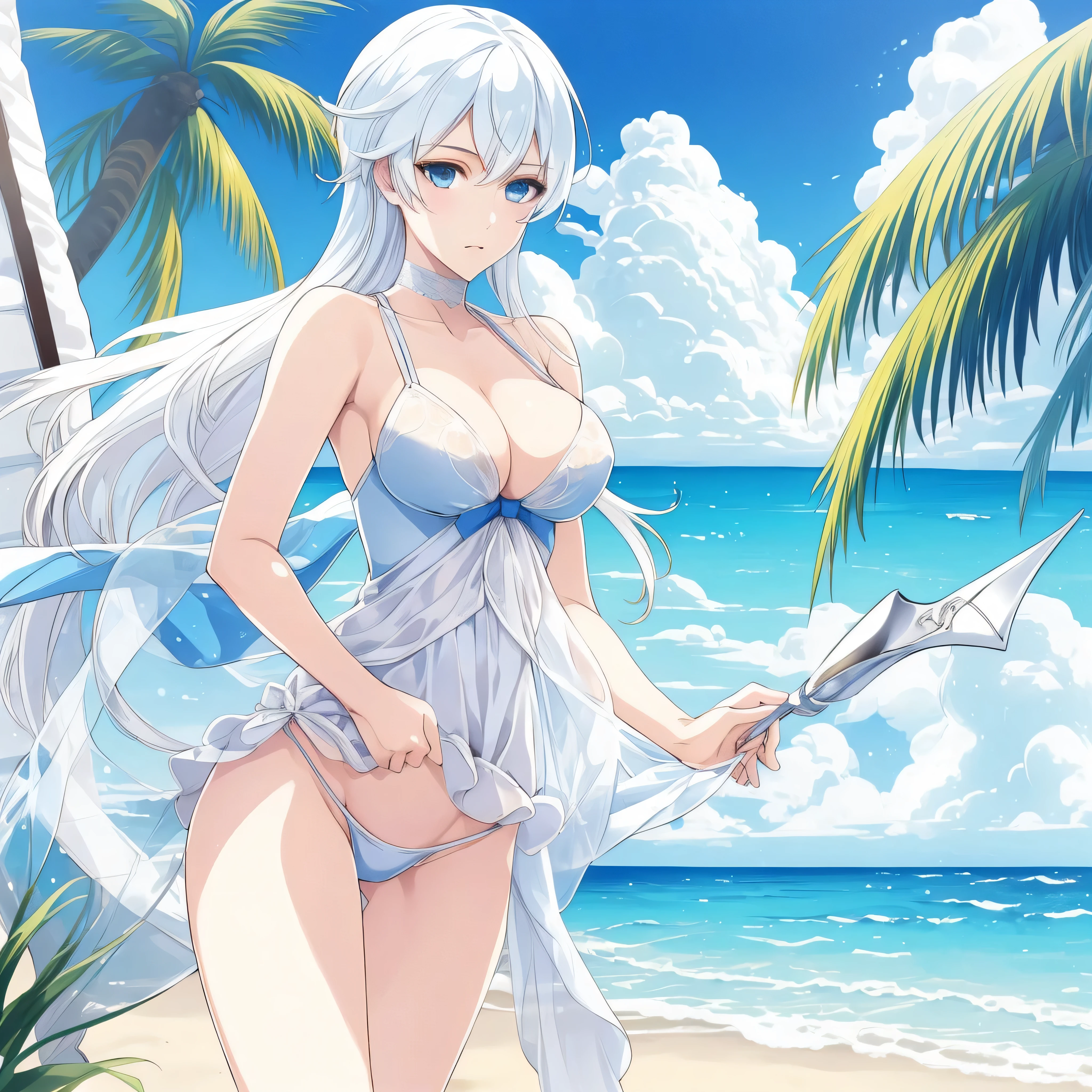 1024 X 1536, (masterpiece), maximum quality, 1girl, beach, blue sky, breasts, cleavage, looking at viewer, outdoors, palm tree, sky, solo, standing, swimsuit, water, thong, large breasts, white hair, blue eyes, bangs, bare shoulders, breasts, swept bangs, photo of Winter Schnee from RWBY, (perfect body, perfect posture, perfect eyes)