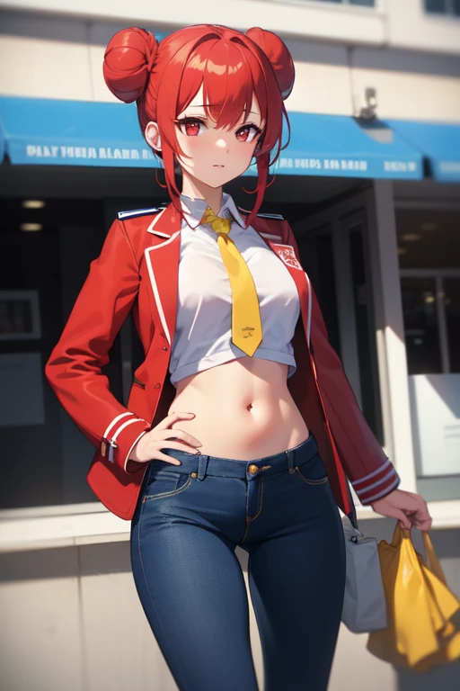 A downer female college student, with red hair and two buns, red eyes, a white shirt showing her belly button, a red jacket, a yellow tie, jeans and short pants, long black socks, and navy blue boots.