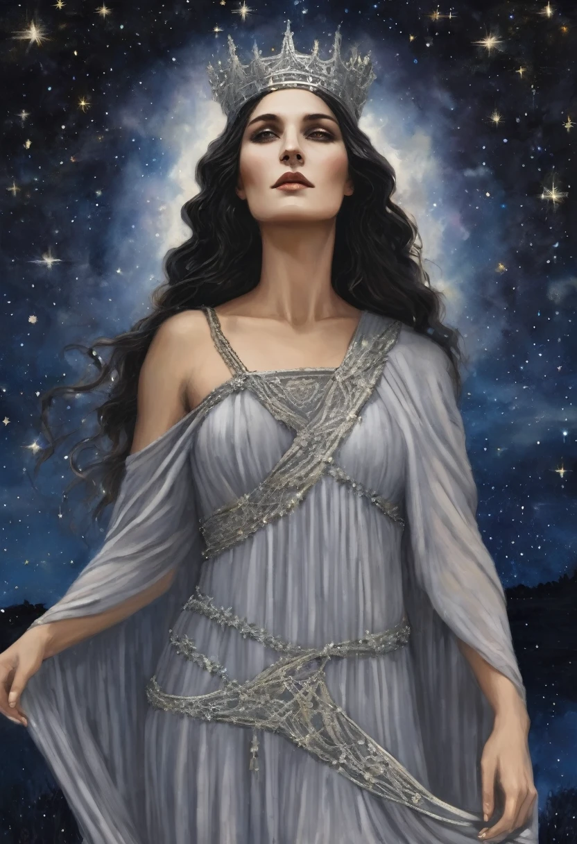 Goddess hekate wearing a silver crown with little stars on her dress under a starry night sky 