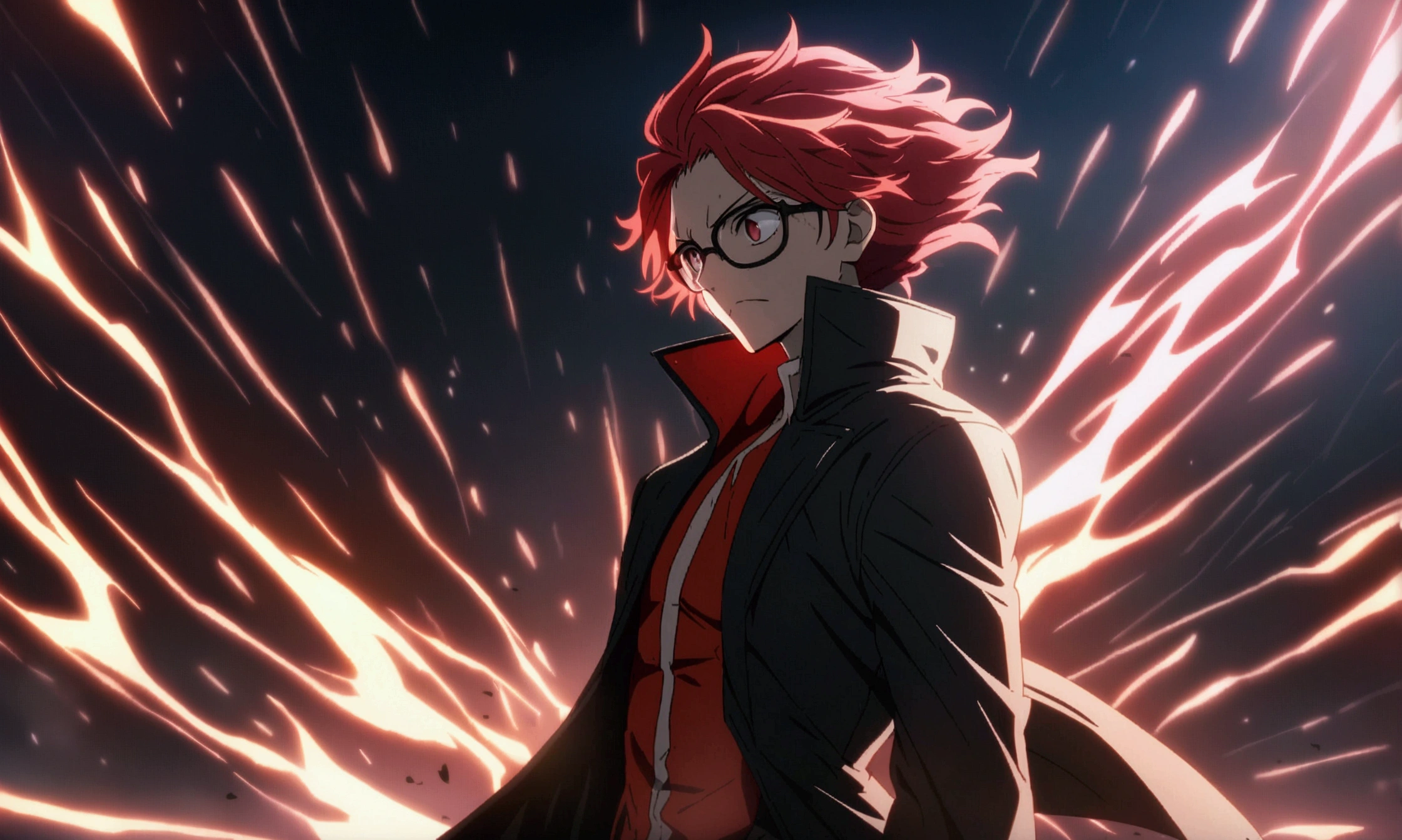 Man, red eyes, red hair almost black, closed clothes mostly very dark blue almost black, black overcoat, glasses, serious expression, "Anime character design inspired by One Piece, full of dramatic and impressive lighting, focus on the centralized character, impressive face, full of creative details, ultra-fine 4K design, scenery bathed in creativity, boasting 2D anime resolution clarity, HD anime graphics, high-octane rendering"