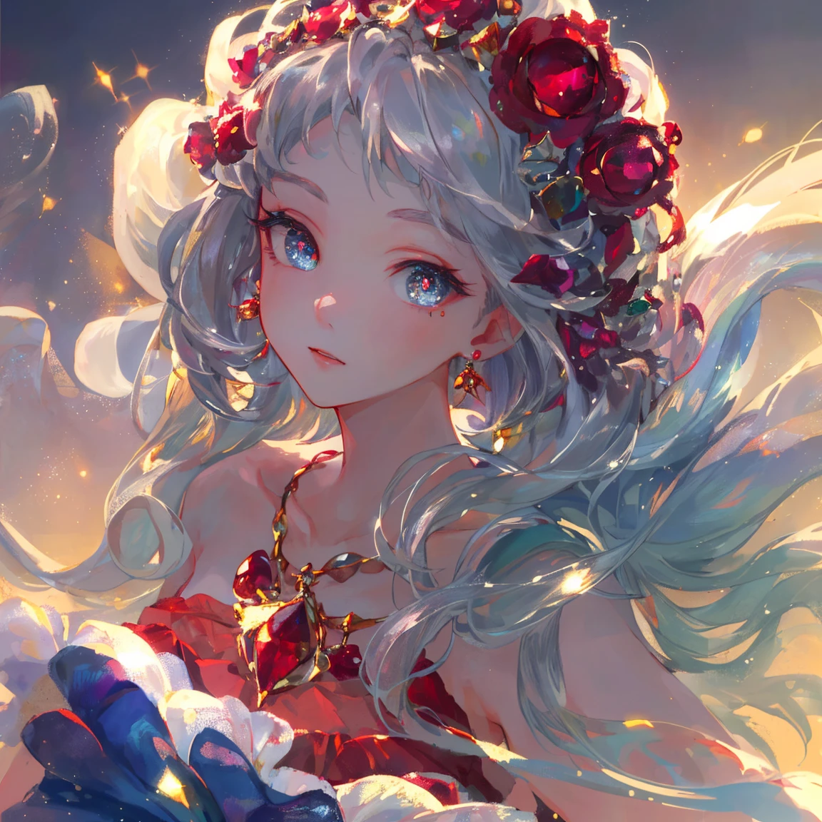 1 girl masterpiece, highest quality, shape, Ruby eyes and hair, platinum earrings, platinum necklace, Sea, The Little Mermaid, cute, (dynamic lighting:1.2), cinematic lighting, delicate features, fine eyes, sharp pupils, realistic student, written boundary depth, Bokeh, sharp focus, (very detailed, bloom, shine:1.4), lots of little gems