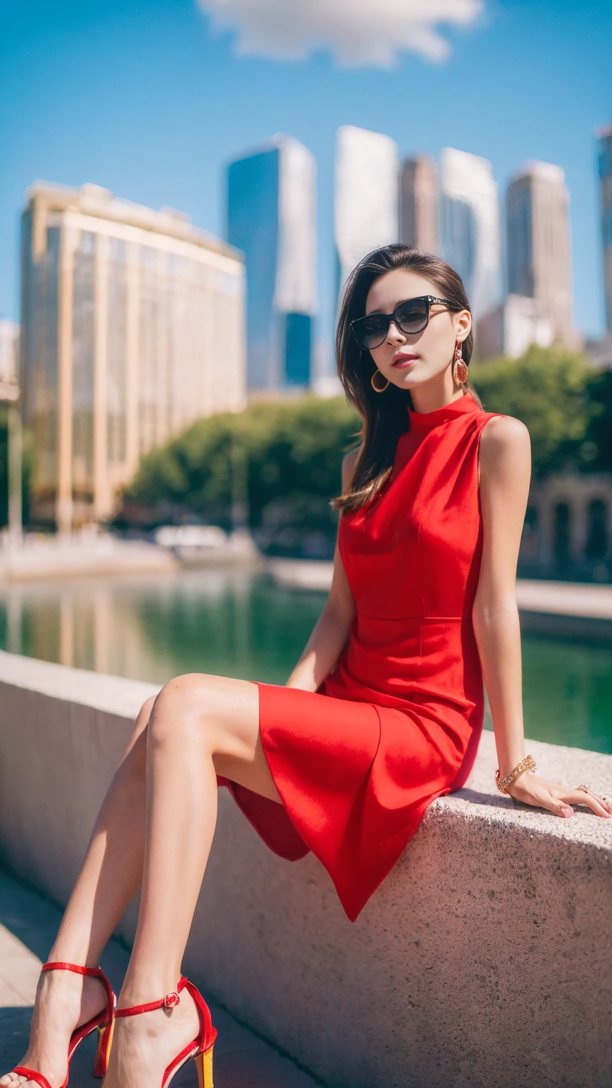 ((Highest quality, 8k, masterpiece:1.3、real:1.3))、Beautiful woman、snapshot、full body、sunglasses、City、red、Mini Dress、real