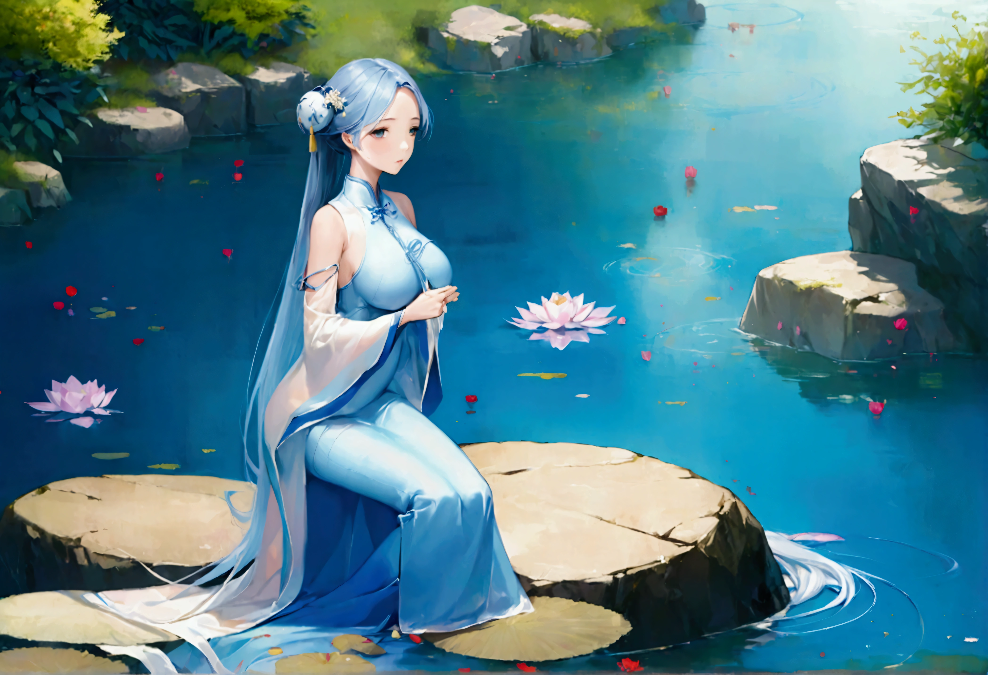 There is a blue dress, 16 long legs, a clock work robot (obvious gears and mechanical seams) woman sitting on a rock in the water, standing elegantly on a lotus flower, mechanical beauty, wearing a blue cheongsam, court, a girl in Hanfu, wearing a blue cheongsam, full of fairy Xia, in the pond, white Hanfu, a stunning young ethereal figure, flowing dress, light blue, hair behind ear