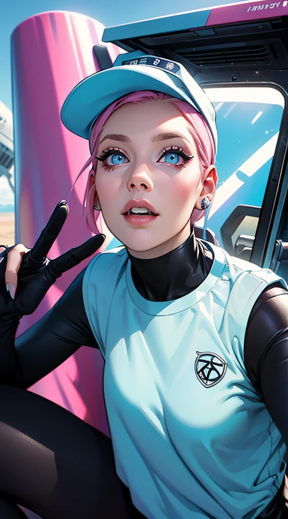 futuristic clothing, cabelo rosa chanel, blue colored eyes, pale skin, demon, claws, bangss, gothic art, full body shot shot, elegant pose, ssmile, Romanticism, work of art, anatomically correcte, high qualiy, super detaill, best qualityer, 4K, 8k, Perfect Woman, the most beautiful woman, her face has to be symmetrical and beautiful, baby pink hair, best qualityer final, beautfull woman, speech bubble, Galaxy,60s,70s,80s,colorfully,cosmo,space, VERY DETAILED EAR FLARERS, pink chanel hair, wear t-shirt written karry66, very detailed hand in 8k
