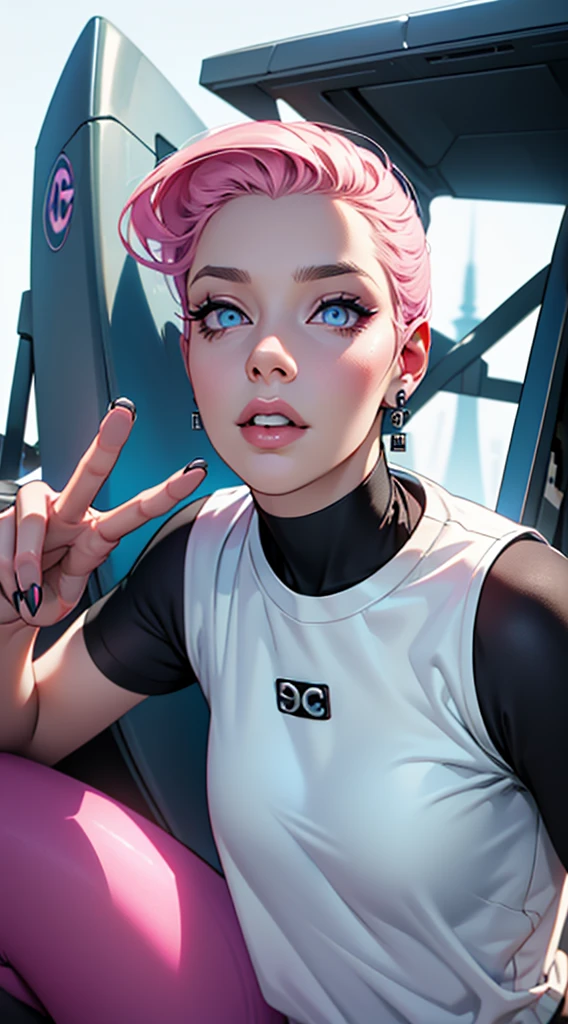 futuristic clothing, cabelo rosa chanel, blue colored eyes, pale skin, demon, claws, bangss, gothic art, full body shot shot, elegant pose, ssmile, Romanticism, work of art, anatomically correcte, high qualiy, super detaill, best qualityer, 4K, 8k, Perfect Woman, the most beautiful woman, her face has to be symmetrical and beautiful, baby pink hair, best qualityer final, beautfull woman, speech bubble, Galaxy,60s,70s,80s,colorfully,cosmo,space, VERY DETAILED EAR FLARERS, pink chanel hair, wear t-shirt written karry66, very detailed hand in 8k