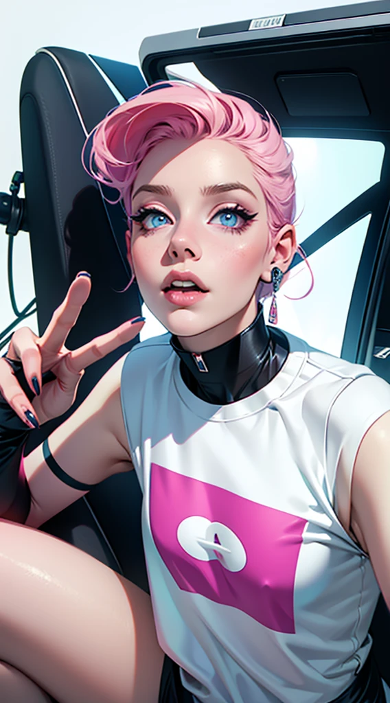 futuristic clothing, cabelo rosa chanel, blue colored eyes, pale skin, demon, claws, bangss, gothic art, full body shot shot, elegant pose, ssmile, Romanticism, work of art, anatomically correcte, high qualiy, super detaill, best qualityer, 4K, 8k, Perfect Woman, the most beautiful woman, her face has to be symmetrical and beautiful, baby pink hair, best qualityer final, beautfull woman, speech bubble, Galaxy,60s,70s,80s,colorfully,cosmo,space, VERY DETAILED EAR FLARERS, pink chanel hair, wear t-shirt written karry66, very detailed hand in 8k