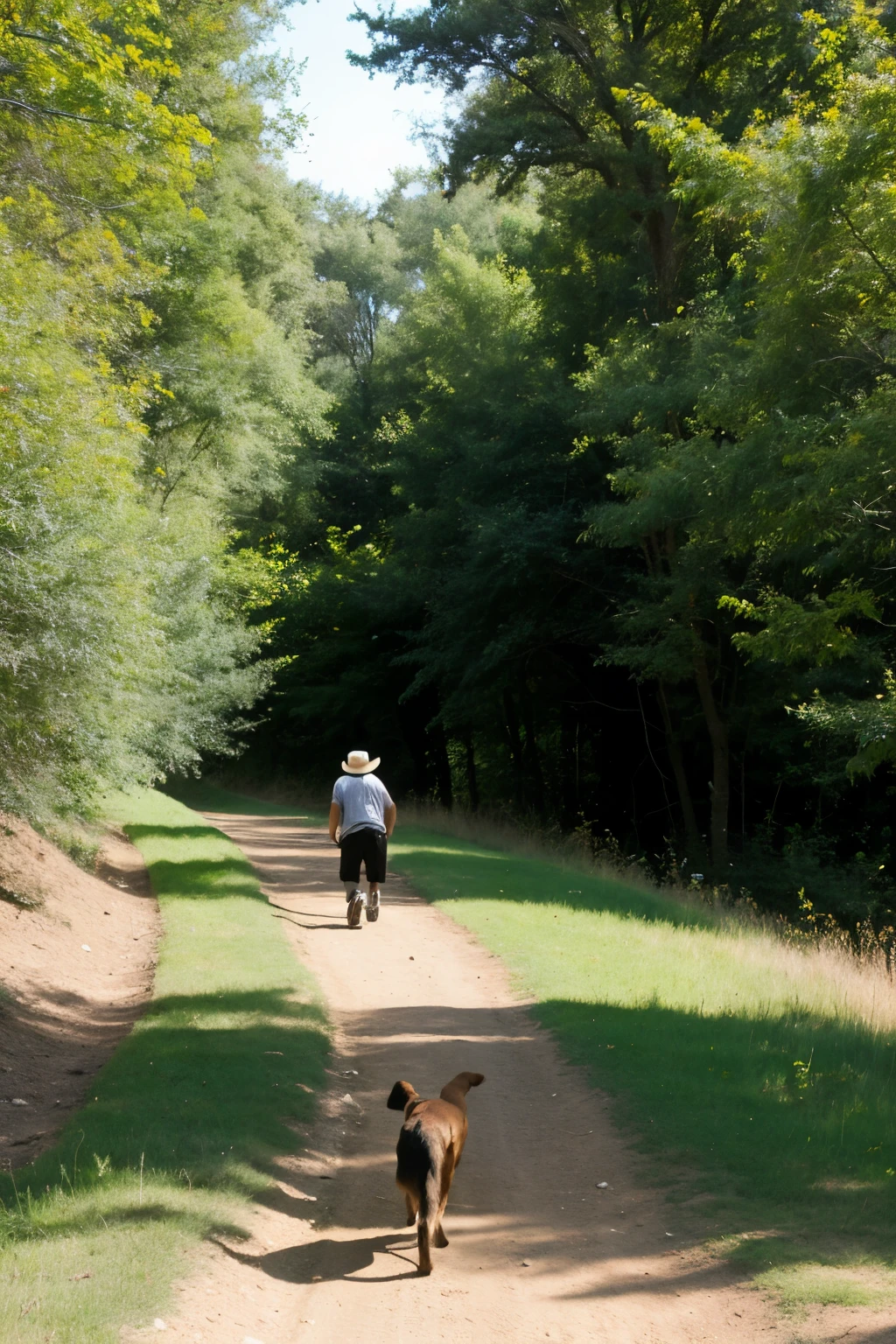 A small old man with his back turned, heading into a ravine, is chased by a dog and a . On flat ground with dry weeds. 