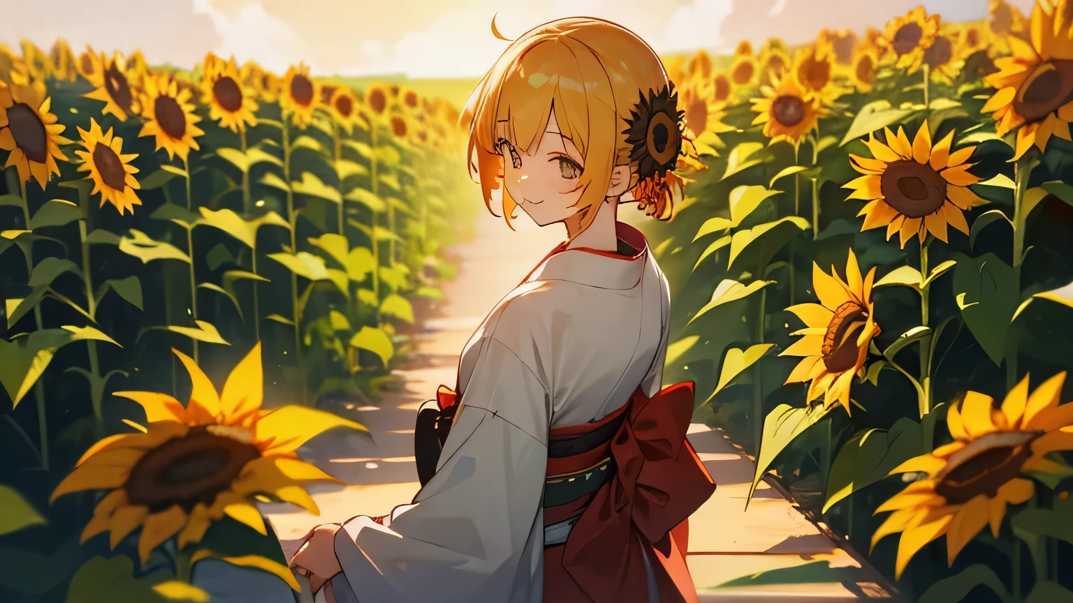 summer, sunflowers, kimono, smile, Japanese Girl, back view