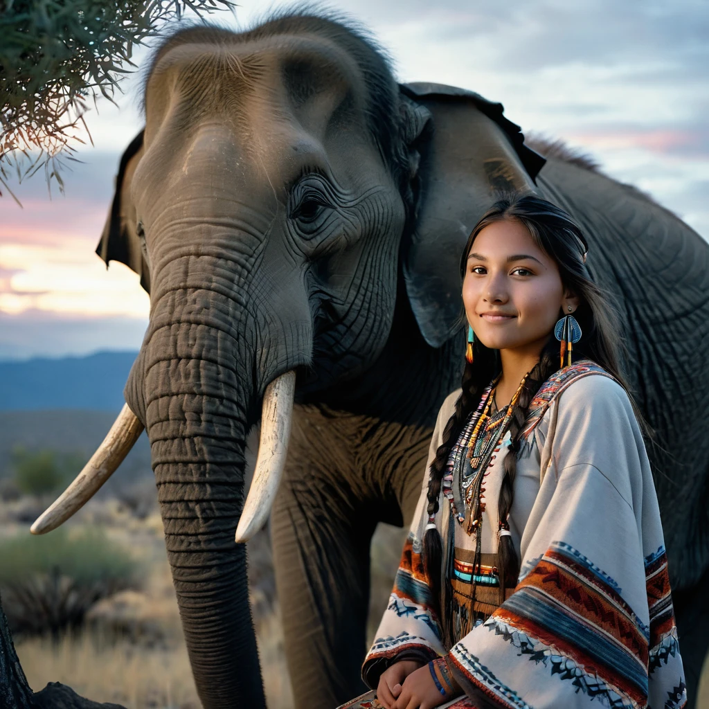 (grainy:0.5), cinematic, beautiful girl 25 year old,native american,fantasy,(solo:1.3), detailed eyes, detailed face, detailed native american clothing , volumetric lighting, dusk, extremely detailed background, standing next to tree and mountain, smiling, half closed eyes, tilted head, from side, sitting next to her elephant