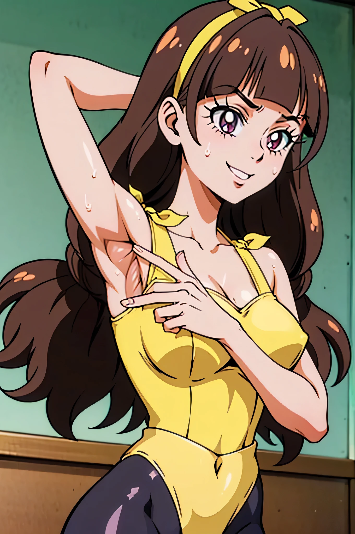1 girl,(solo), ((amanogawaki)), (masterpiece:1.2), (high quality:1.0), (ultra detailed), (Front View), (evil smile), Brat, Adolescent, (Yellow Headband), (Black Leotard), Pantyhose, Upper Body Only, Sweat, Mist, (spread armpit)