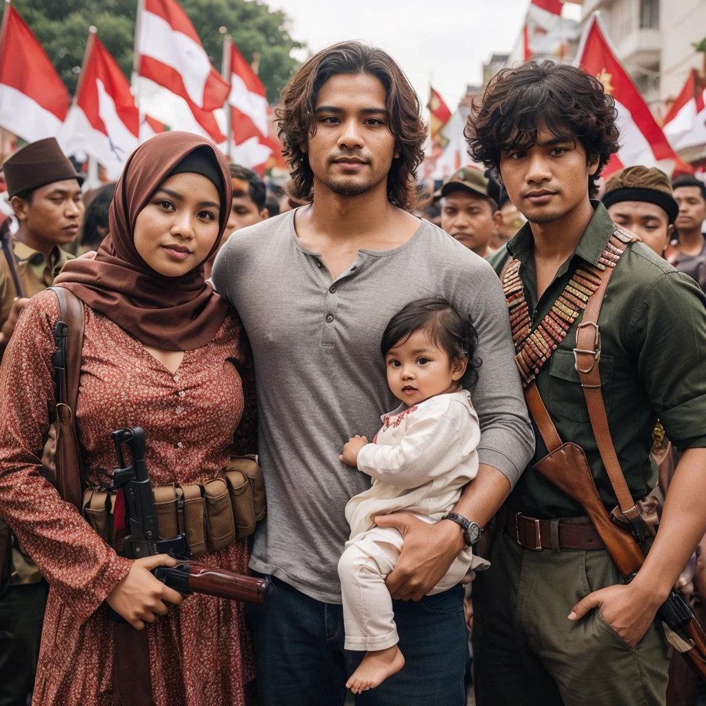 A family celebrating Indonesian Independence Day consisting of 4 people. A handsome 30-year-old Indonesian man with layered hair holding a toy weapon, a curvy and beautiful woman wearing a hijab while carrying a 2--old l, next to the man is a curly-haired young man. They all wear traditional Indonesian fighter clothing from the past. They are celebrating the 17th of August, 1945. The background features a festival with many people and Indonesian flags.