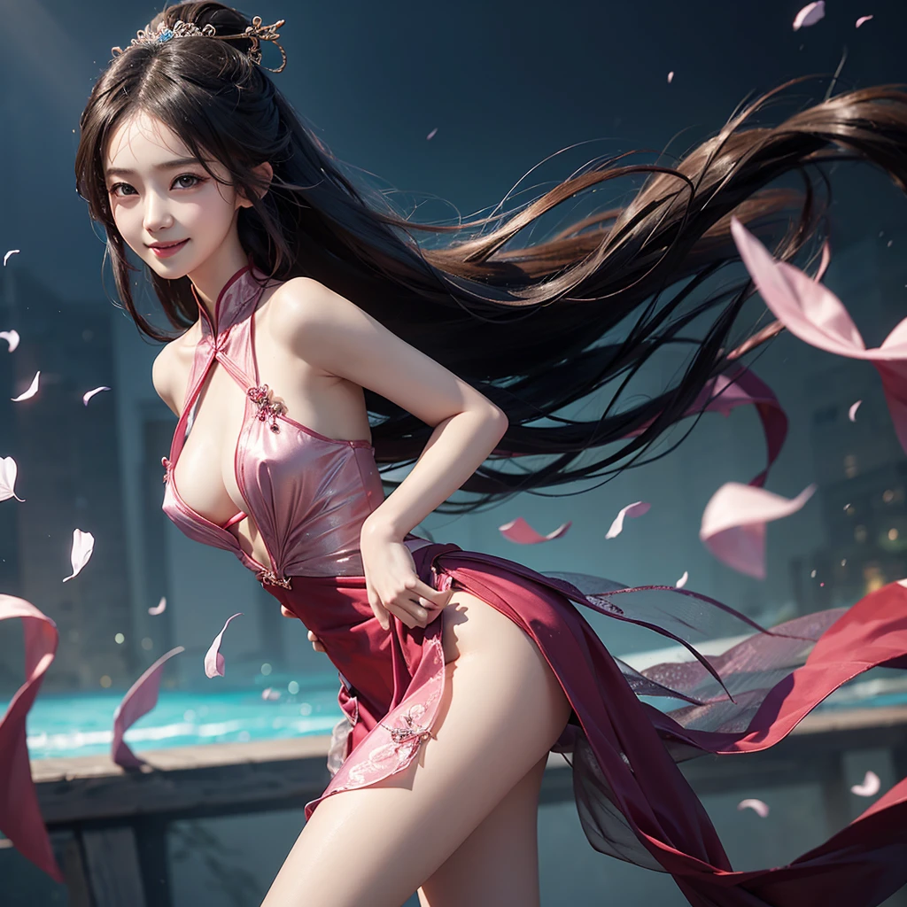 Her name is Liu Shenime character!A sexy girl,Standing,Hands on hips,Long fluttering hair,Wears transparent tulle,Smiling,Firm chest,