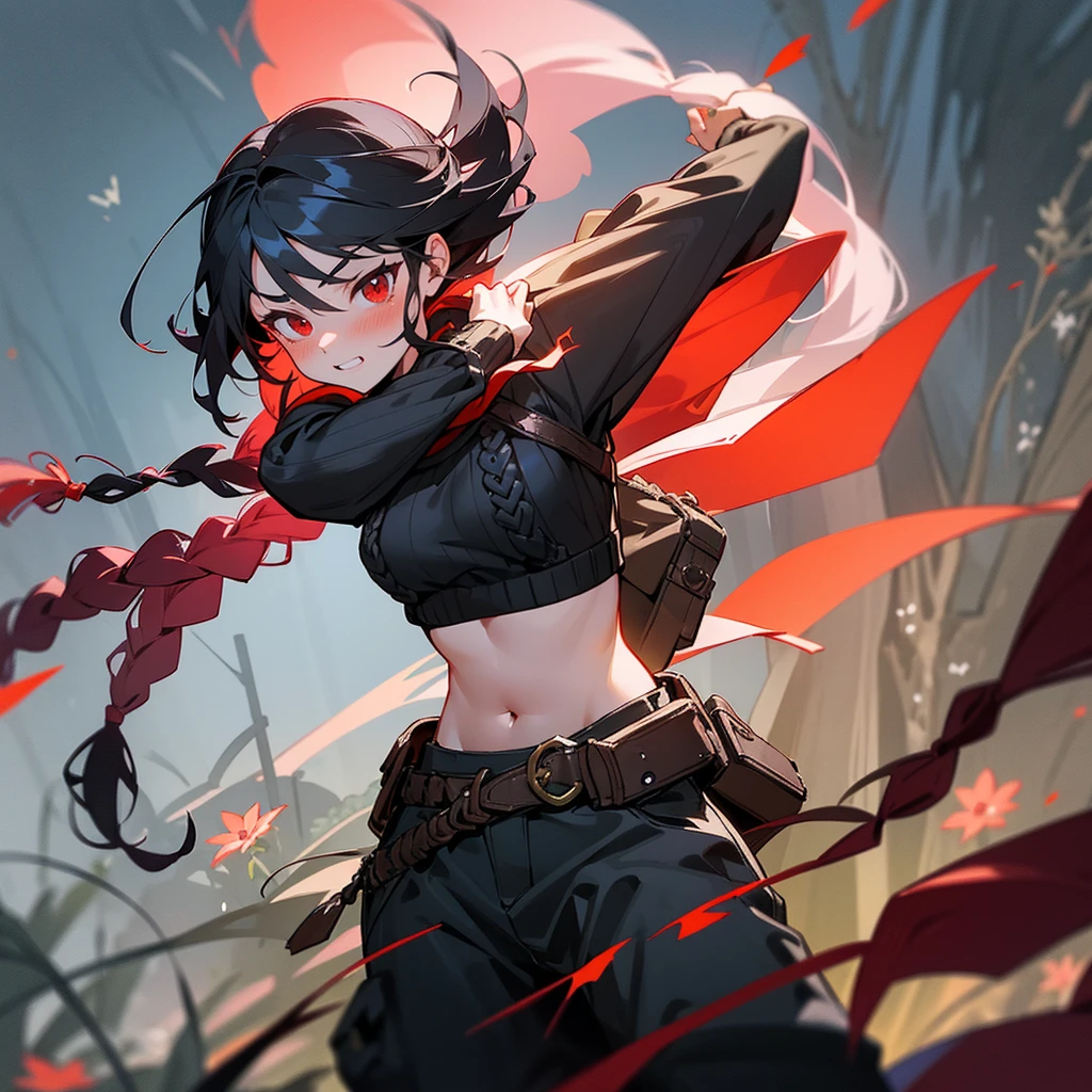 1female, sexy, young teen, finely detailed red eyes, wild long hair, braided hair, black color hair, adventurer gear, crop top sweater, baggy combat pants, night time, dark forest, excited expression, flowers, blushing, standing on path, lanturns