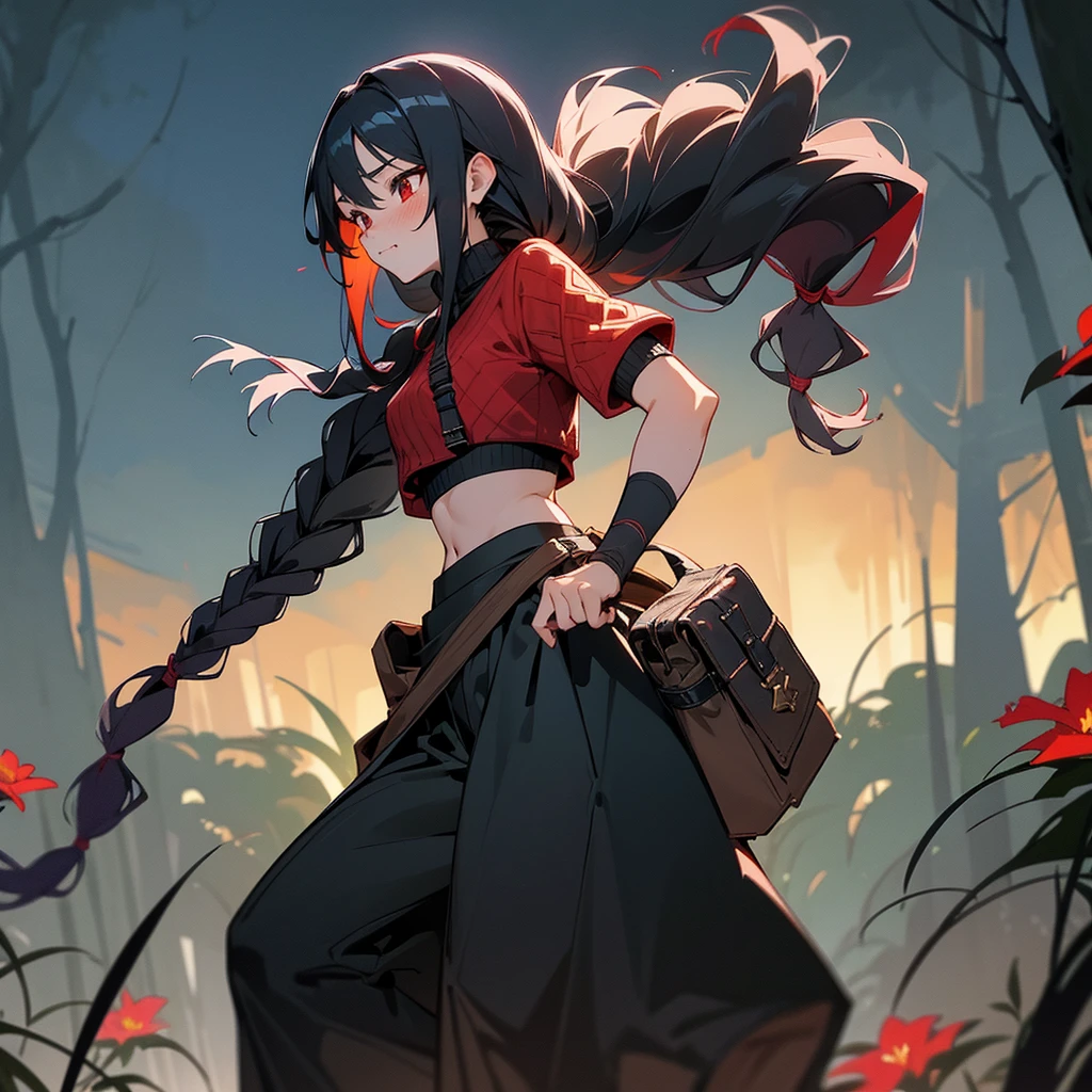 1female, sexy, young teen, finely detailed red eyes, wild long hair, braided hair, black color hair, adventurer gear, crop top sweater, baggy combat pants, night time, dark forest, excited expression, flowers, blushing, standing on path, lanturns