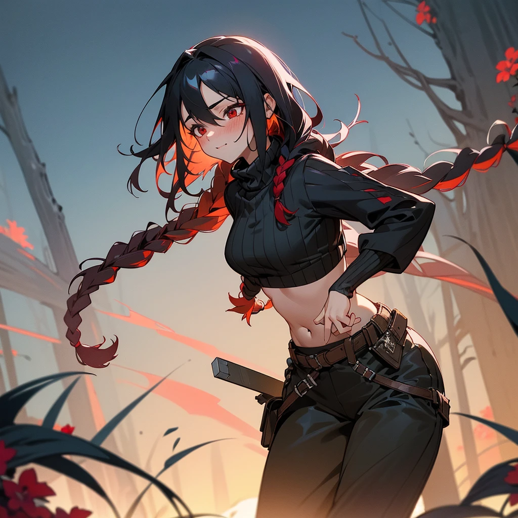 1female, sexy, young teen, finely detailed red eyes, wild long hair, braided hair, black color hair, adventurer gear, crop top sweater, baggy combat pants, night time, dark forest, excited expression, flowers, blushing, standing on path, lanturns