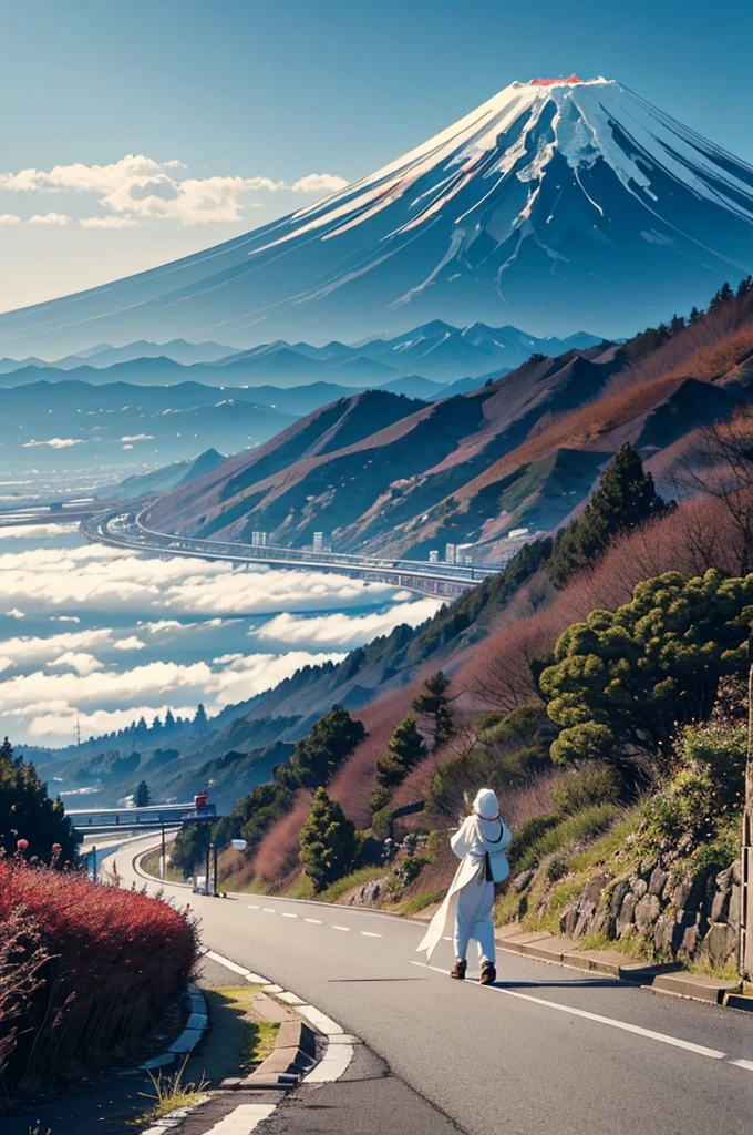 A white snake happily strolling gracefully along the road。Mount Fuji is visible on the other side