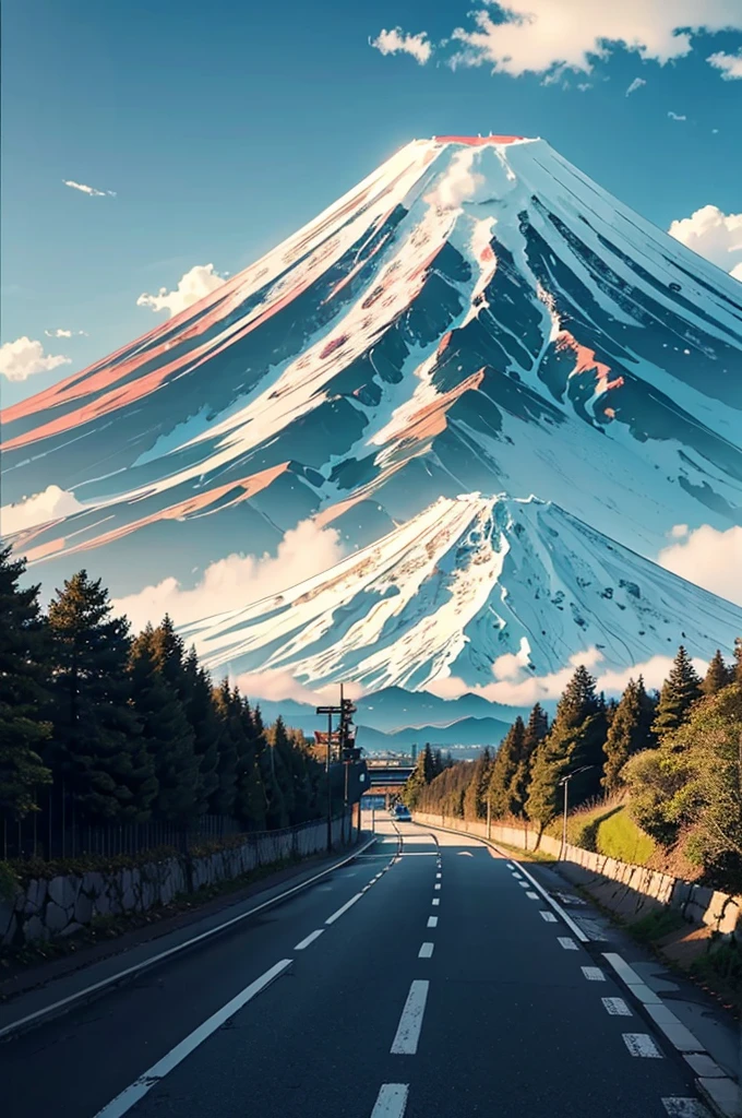 A white snake happily strolling gracefully along the road。Mount Fuji is visible on the other side