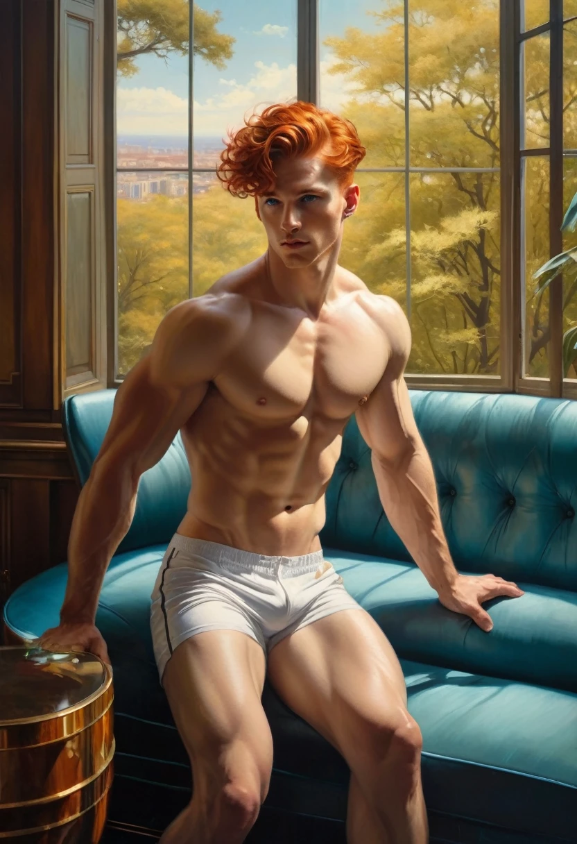 he is sitting open legs on a ultradecorate art deco sofa, starting to the viewer Generate image with a theme of beauty and masculine strength in an conection with power love for richness that includes elements such as elegant fuiniture, fancy deco in pastel colors that inspire power, luxury, rich, Intense Look at a fancy room: The man shirtless, barefoot, confident gaze, looking directly at the camera among the trees. The light filtered through the window enhances its expression. Elements: art deco fuiniture and room, large window to see the night city by Aaron Horkey and Jeremy Mann, masterpiece, best quality, Photorealistic, ultra-high resolution, photographic light, illustration by MSchiffer, fairytale, Hyper detailed A mixture of photography and painting, simetryc Composition, Perfect Divine Proportione, 8k resolution fullbody image,(( view from above)) ((full body)) , oil painting intense dark hard colors palette A young man, white skin, ginger, barbed, hairy body, thin face, straight nose, thin lips, square chin, large light blue eyes, short red wavy hair, in roberto ferri style, aesthetic slim athletic body, ginger realistic skin, gorgeous, detailed tonned muscles, barefoot, perfect anatomy, muscled fitness body, Young man, perfect anatomy, , energetic splendid, Barefoot, naked, small flacid penis, slim and detailed muscles, shirtless, pantless, fullbody, wearing sandals, the composition of shadows and lights give an atmosphere of spaciousness,
