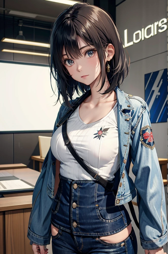 A beautiful girl wearing a short white embroidered shirt. With a denim jacket and short cut skinny jeans .Clear, high-quality visualization