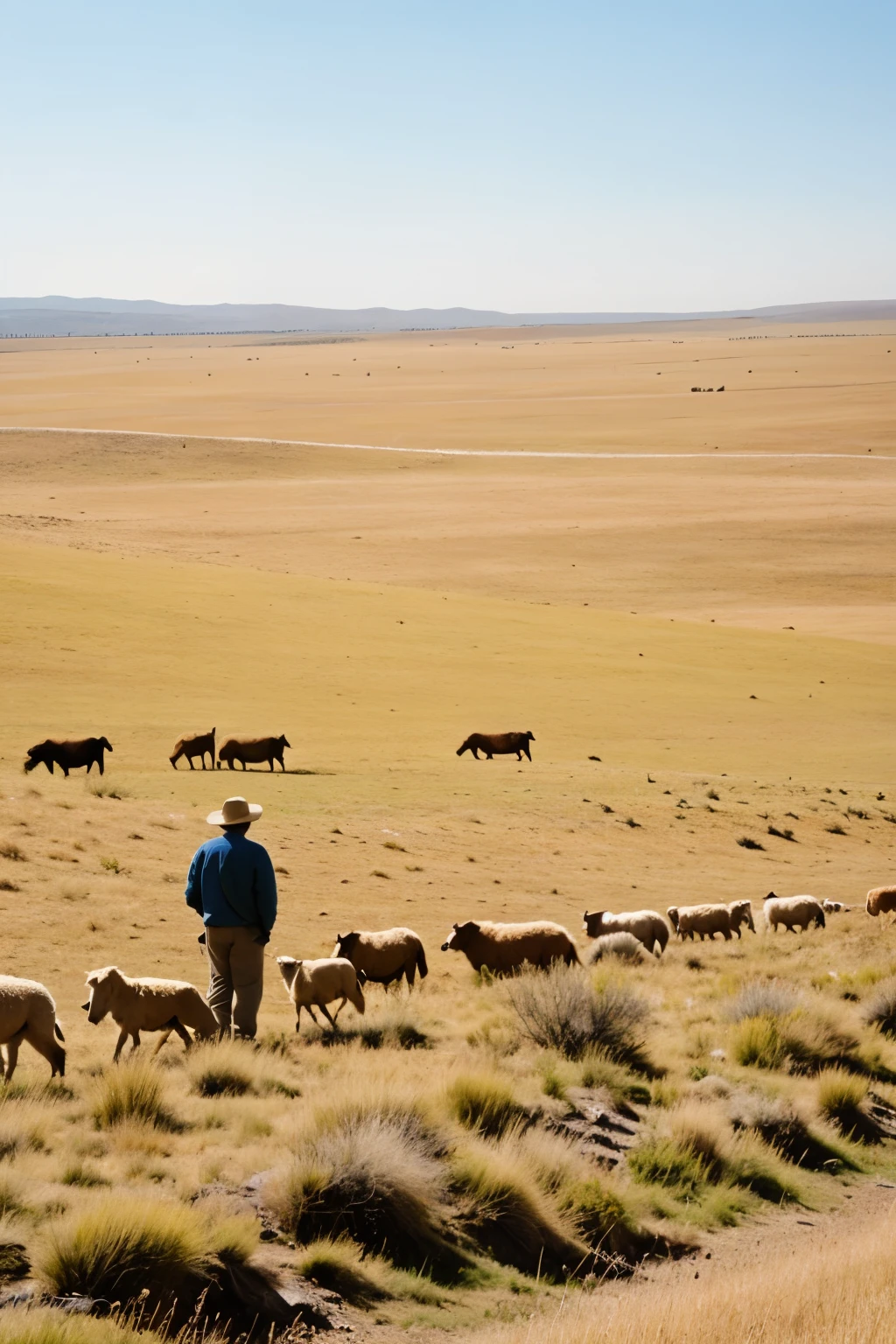 flat terrain with dry grass, looking to the horizon, a shepherd and his grandson