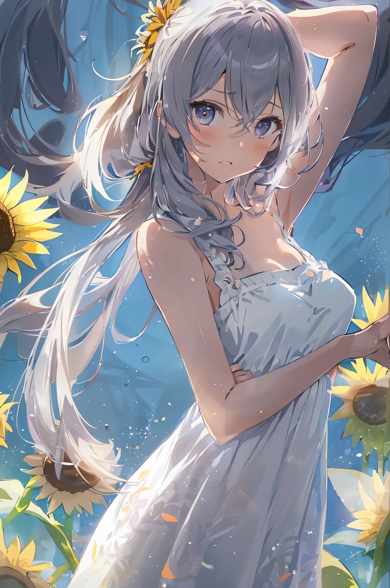 2D Animation、Highest quality, masterpiece, alone, 1 female、Year: 8 Year代、Small breasts、(Slim figure)、Transparent blue dress、From the side、Poses that accentuate the chest、(White highlight in pupil:1.2)、Dark reddish brown eyes、(Grey Hair:1.2)、(Twin tails)、(View your viewers:1.2)、White skin、(blush)、(Embarrassed look)、(Blur the background to make the woman stand out.:1.3)、(The sunlight shines in)、Half Backlight、(In the background is a beautiful sunflower field)、The wind is blowing