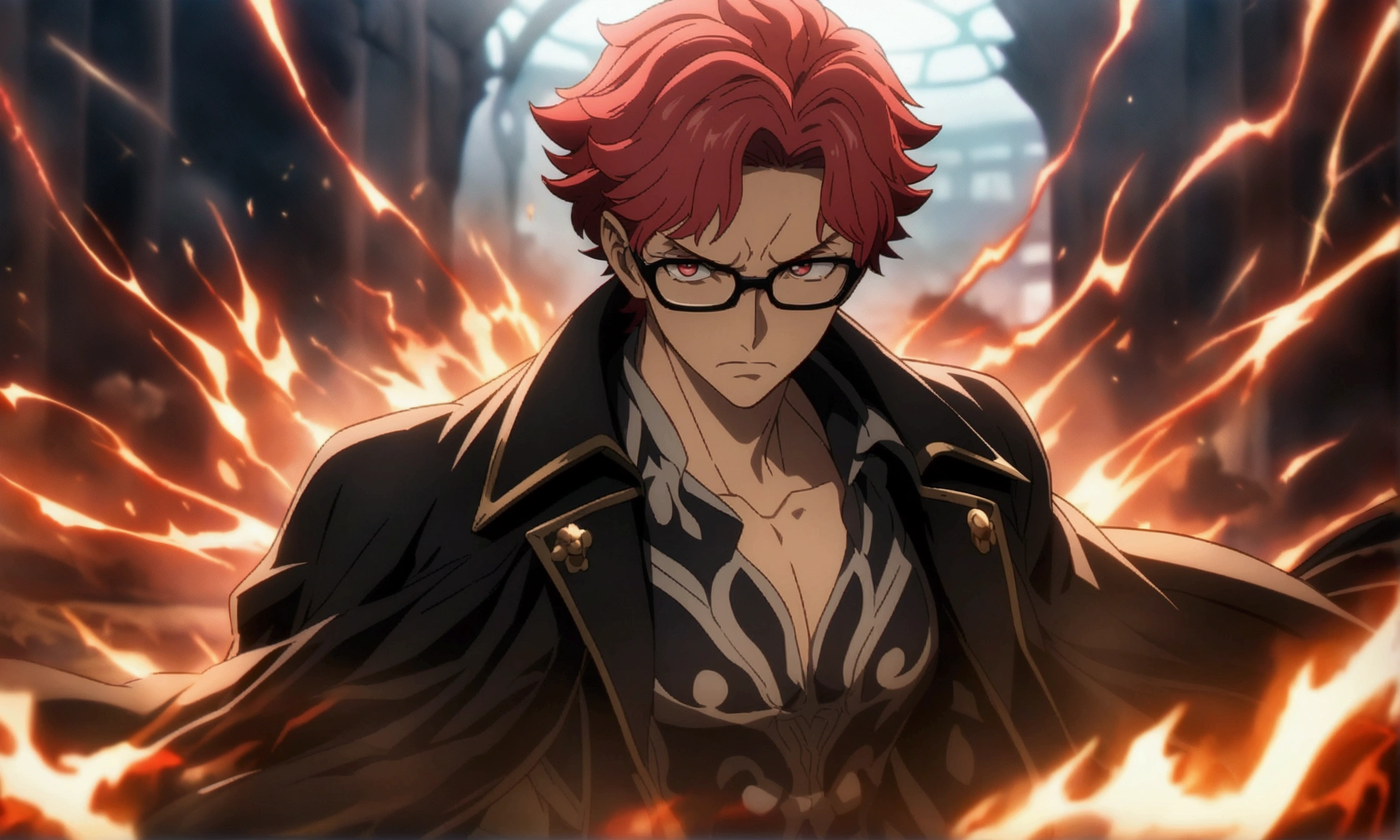 Man, red eyes, red hair that is almost black, dark blue clothing that is almost black, black overcoat, glasses, serious expression, blurred background with blood flowing, "Anime character design inspired by One Piece, full of dramatic and impressive lighting, focus on the centralized character, impressive face, full of creative details, ultra-fine 4K design, scenery bathed in creativity, boasting 2D anime resolution clarity, HD anime graphics, high-octane rendering"