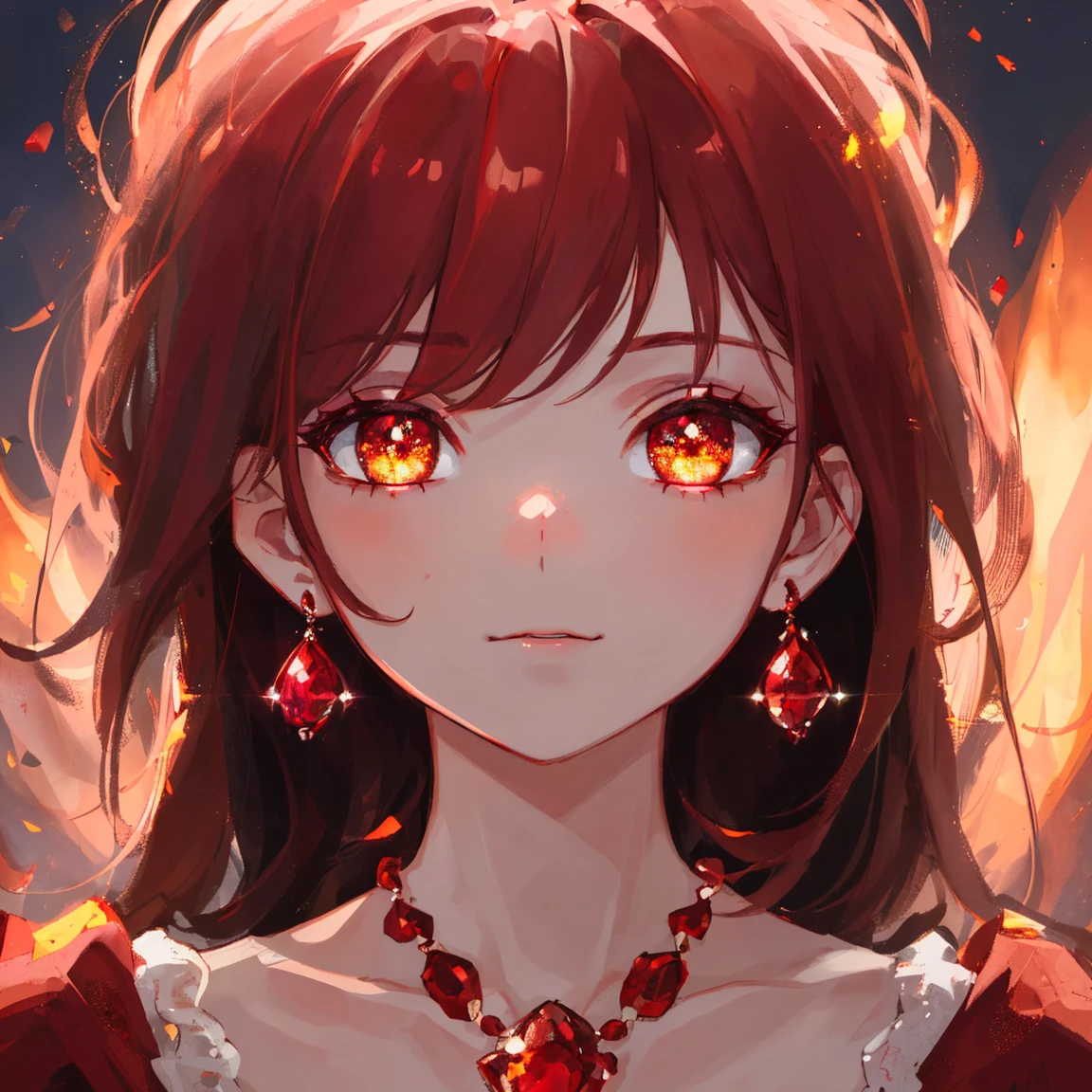 1 girl masterpiece, highest quality, shape, Ruby eyes and hair, Ruby earrings, Ruby necklace, flame, fire fairy, cute, (dynamic lighting:1.2), cinematic lighting, delicate features, fine eyes, sharp pupils, realistic student, written boundary depth, Bokeh, sharp focus, (very detailed, bloom, shine:1.4), lots of little gems 