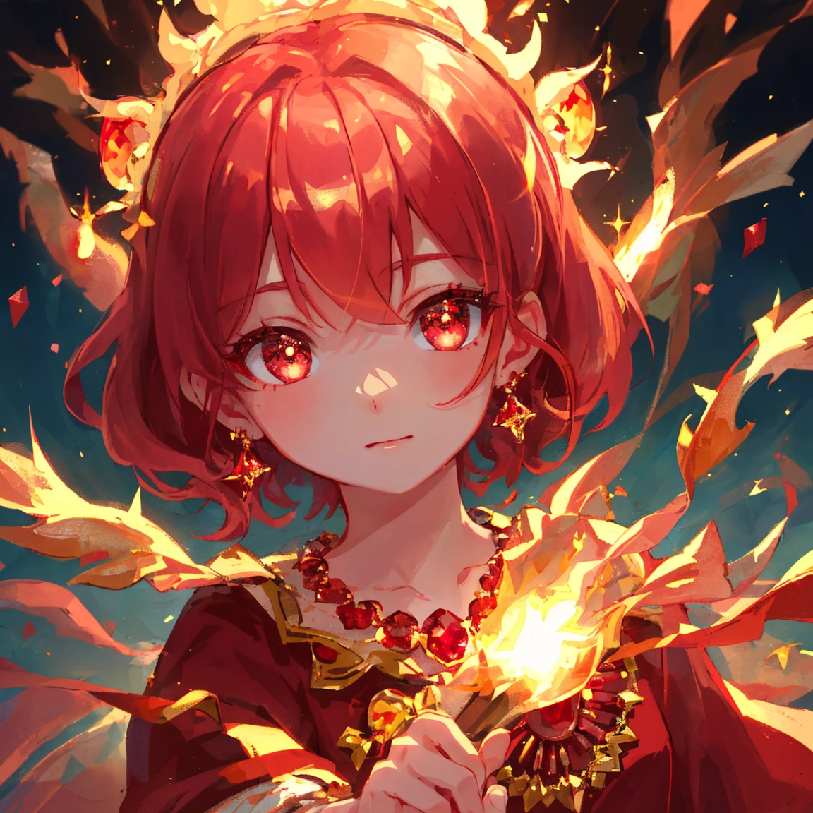1 girl masterpiece, highest quality, shape, Ruby eyes and hair, Ruby earrings, Ruby necklace, flame, fire fairy, cute, (dynamic lighting:1.2), cinematic lighting, delicate features, fine eyes, sharp pupils, realistic student, written boundary depth, Bokeh, sharp focus, (very detailed, bloom, shine:1.4), lots of little gems
