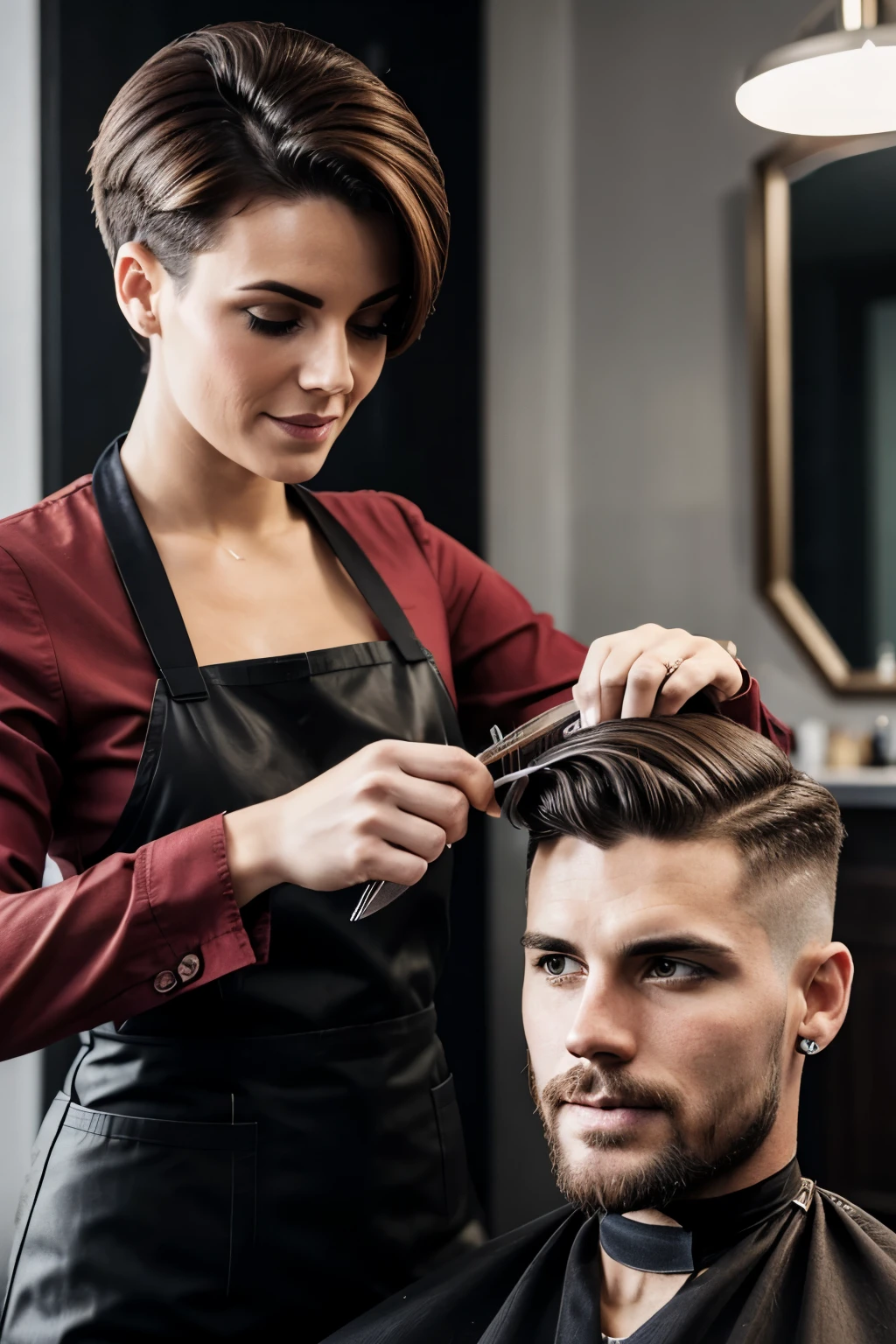 woman dressed as a barber cutting man's hair
